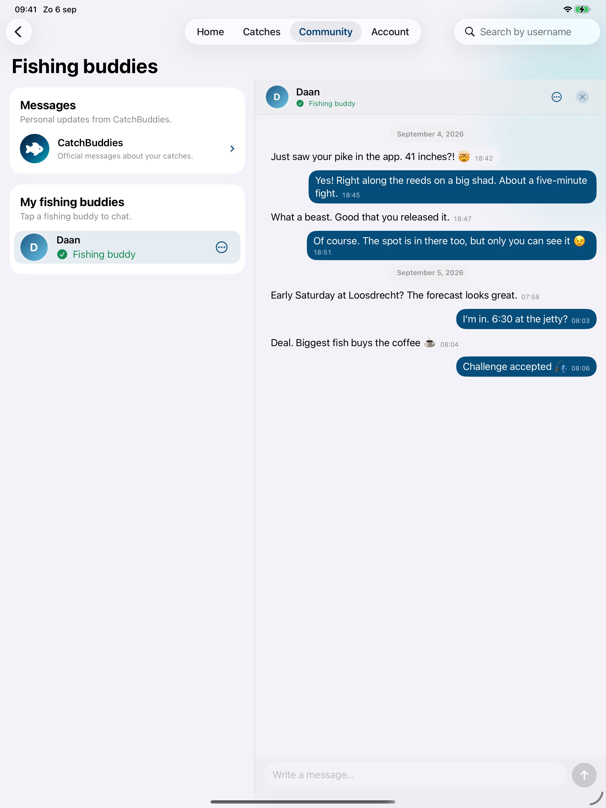 Hooked fishing buddies on an iPad: the buddy list on the left and a chat with a buddy on the right
