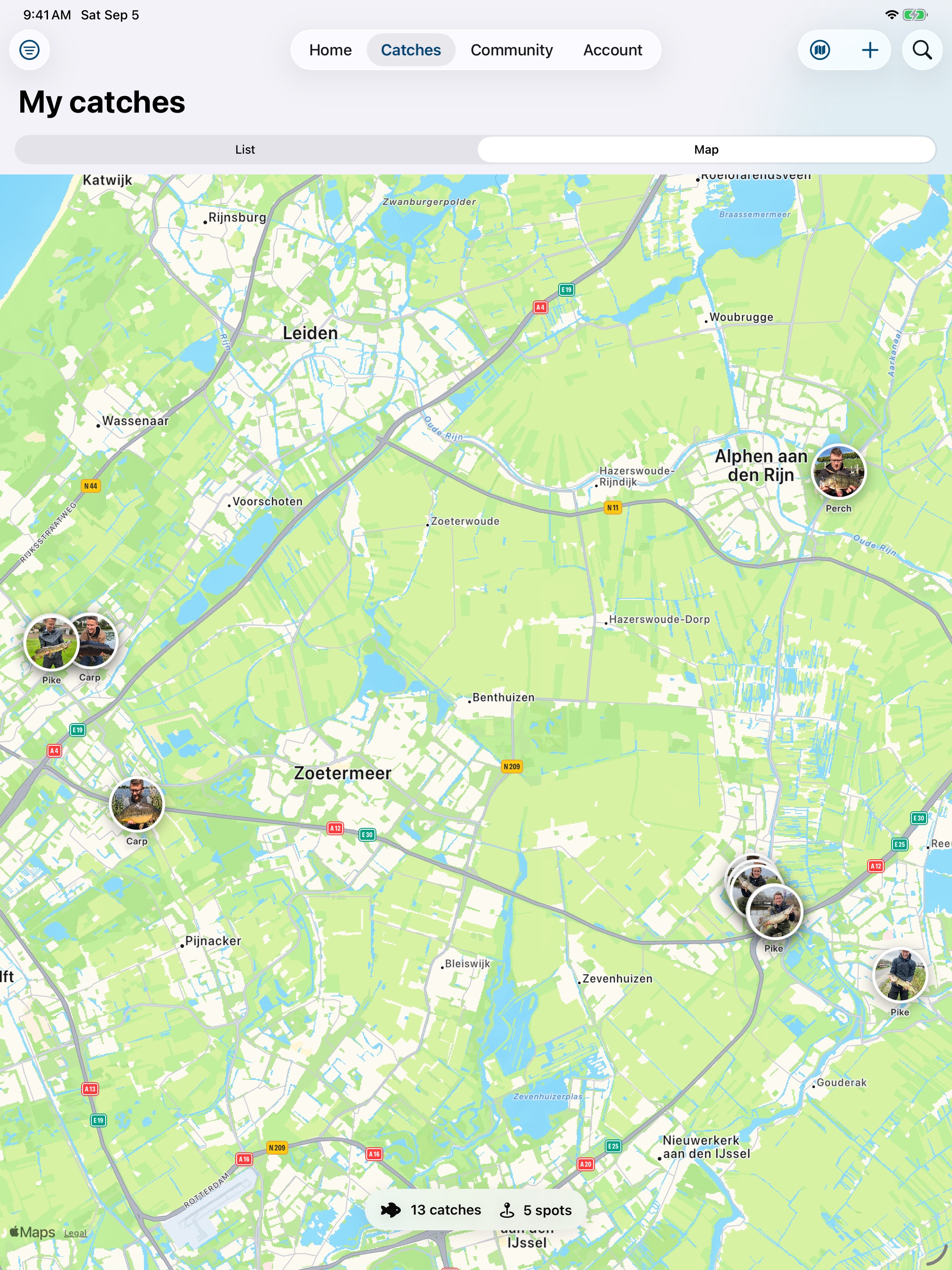 Hooked catch map on an iPad with private fishing spots